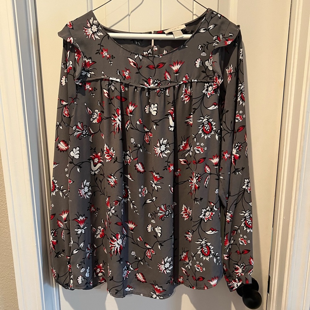 LOFT Charcoal gray Blouse with red, black, and Ivory Floral Pattern women’s sz L